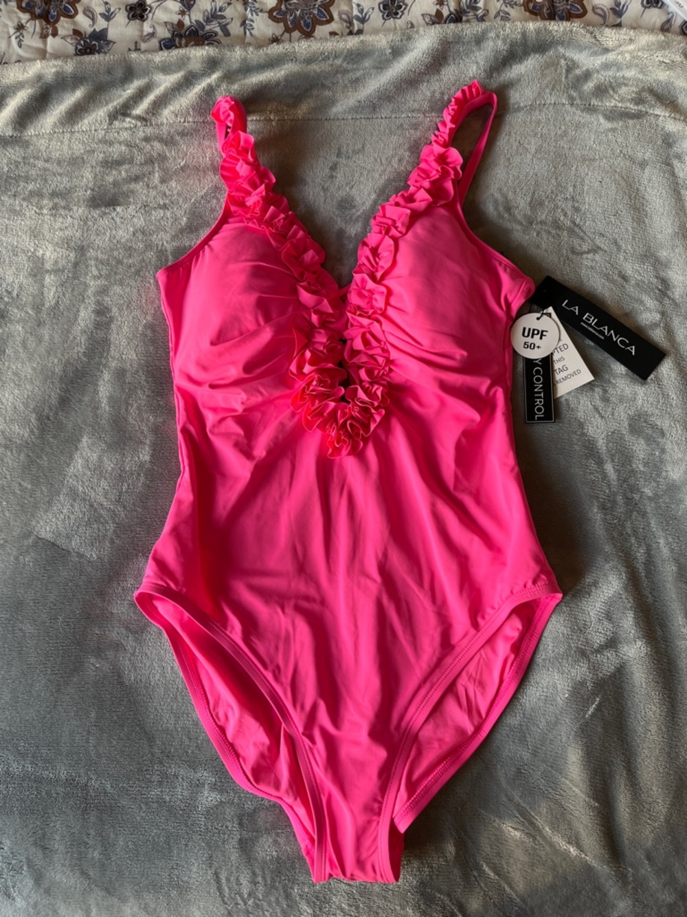 La Blanca Pink Ruffle V-Neck One-Piece Swimsuit